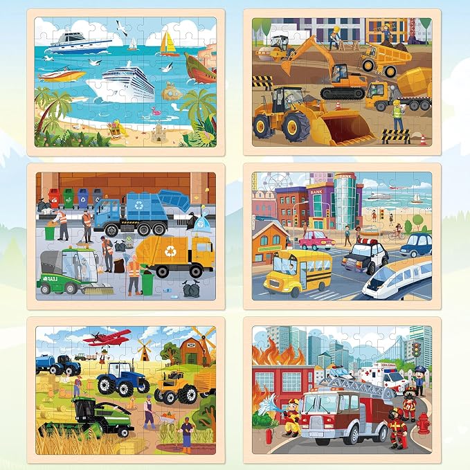 6-Pack Wooden Puzzles for Kids Ages 3-5, 60-Piece Construction Vehicle Set | Toddler Puzzles Ages 3-5, Preschool Puzzles with Wooden Jigsaw Boards for Fine Motor Skills, Shape Recognition and Travel
