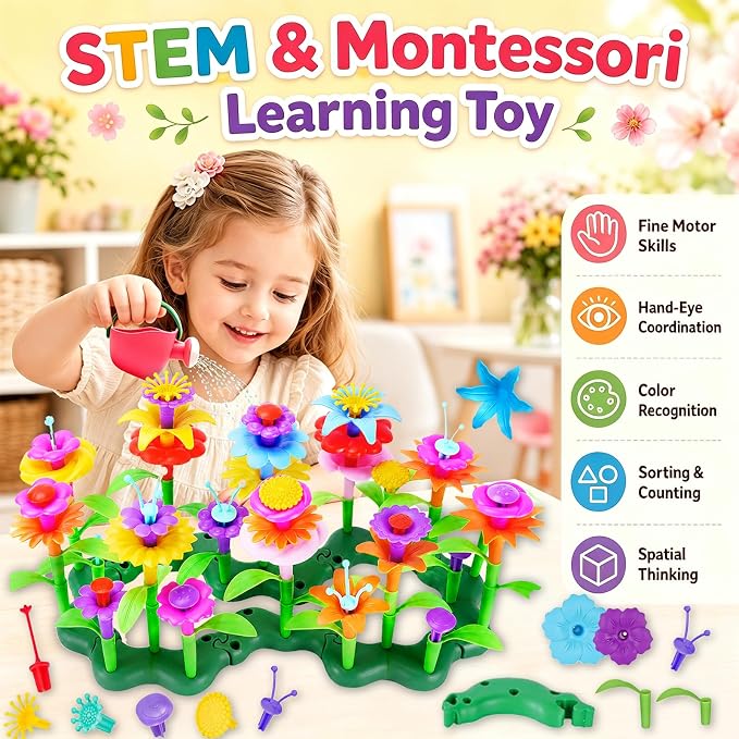 99pcs Flower Garden Building Toys Set - STEM Montessori Toys for Girls | Birthday Gift for 3 4 5 6 7 Years Old Girl, Sorting & Stacking Building Block Playset Springl, Gardening Toy for Kids