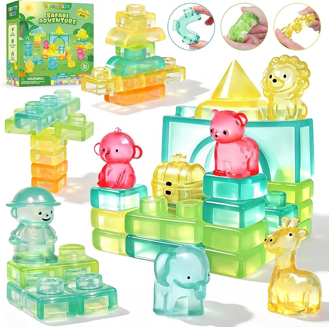 52PCS Sensory Soft Building Blocks for Toddlers, Squishy Stacking Toy | Preschool Educational Creative Play, Montessori Squeezable, Stretchable Early Learning Construction Playset, Puzzle Blocks