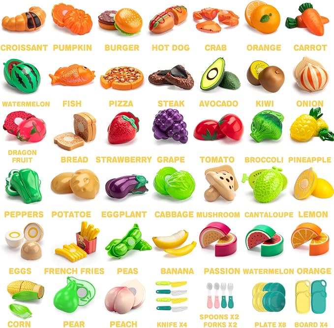 115 Pcs Cutting Play Food Toy for Kids with 2 Colors Storage Baskets | Fake Food/Fruit/Vegetable for Toddler Pretend Kitchen Accessories, Boy Girl Classroom Learning/Birthday Gift