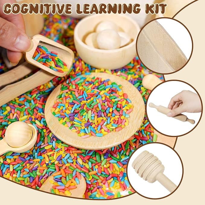Hiawbon 25PCS Wooden Sensory Bin Tools for Toddlers Sensory Bin Filler | Wooden Pretend Play Sensory Tools Montessori Sensory Wooden Toys Fine Motor Learning Toys for Counting Sorting