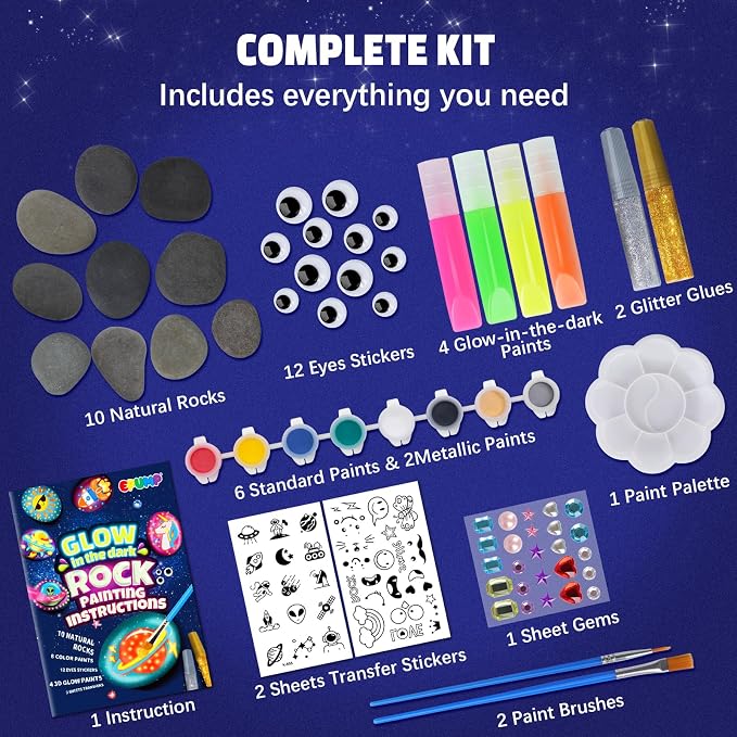 EPUMP Rock Painting Kit for Kids - Glow in The Dark Arts and Crafts Supplies Kits for Girls Boys - Kids Activities Creative Art Set Birthday Gifts DIY Paint Toys for Age 6 7 8 9 10 11 12 Years Old