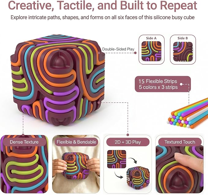 Sensory Activity Board Cube Fidget Toys for Kids & Adults - Zero Noise Silicone Quiet Toddler Travel Toys for Car Rides & Airplane - Autism ADHD Calming Toy Gift Stuffers with 15 Strings