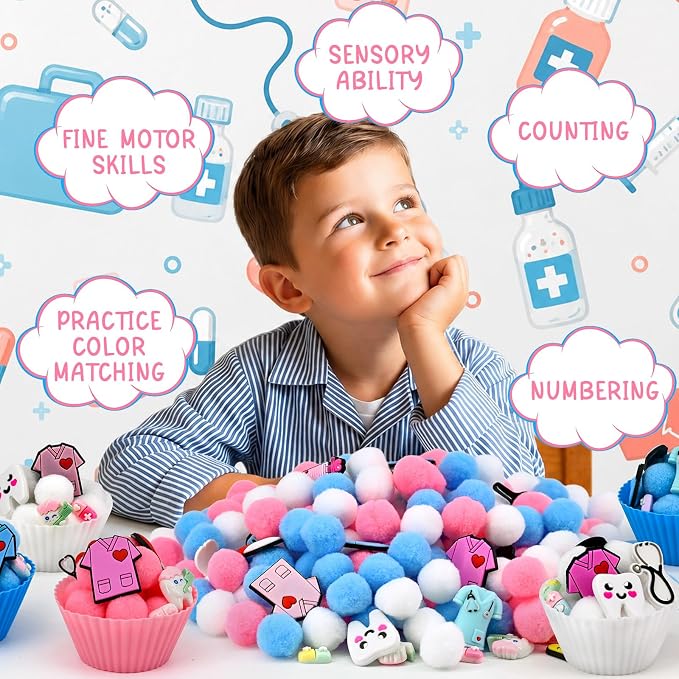 159 Pcs Doctor Sensory Bin Items Pretend Play Doctor Kit Counting Sorting Sensory Bin Filler Fine Motor Capsules Tooth Model Face Mask Counts for Summer Counting Sorting