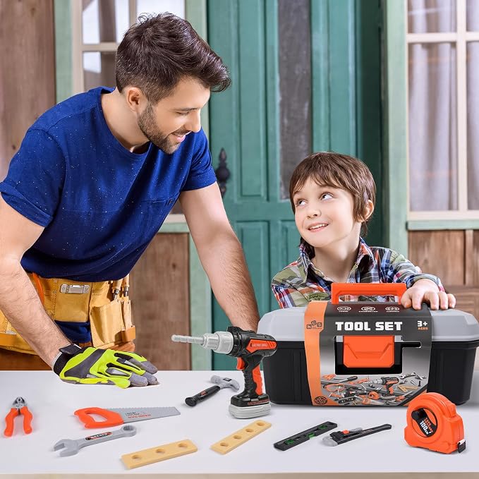 Kids Tool Set with Hard Toolbox, 43 PCS Pretend Play Construction Toys with Battery Powered Toy Drill, Toddler STEM Educational Learning Gifts for Boys & Girls Age 3-8