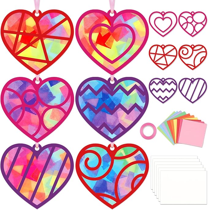 Qyeahkj 36 Set Valentine's Day Suncatchers Craft Kit DIY Heart Window Stained Glass Effect Paper Pink Love Window Tissue Paper Craft Home Decor Valentines Art Supplies Favor Gift