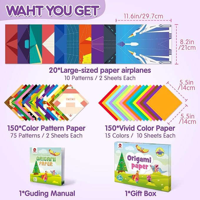 Mocoosy 320 Sheets Origami Kit for Kids Ages 5-8 9-12, Folding Paper Set with Origami Book & Paper Airplane, DIY Art Craft Project for Boys Girls, Travel Game Airplane Car Road Trip Activity Toy Gift