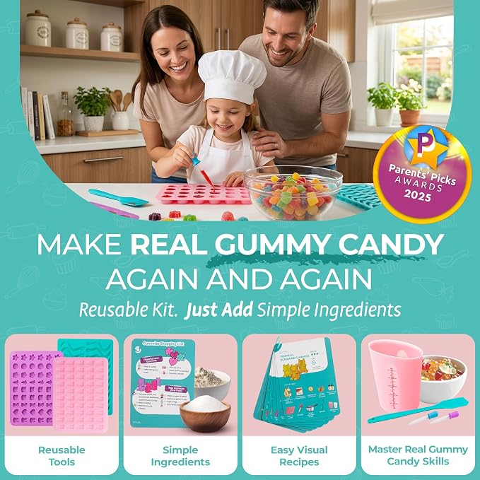 Kids Gummy Making Kit | Real Reusable Candy Science | Ages 6-12 | STEM DIY Activity | Gummy Molds and Visual Recipe Cards | Screen Free Fun | Birthday Christmas Gift Stocking Stuffer