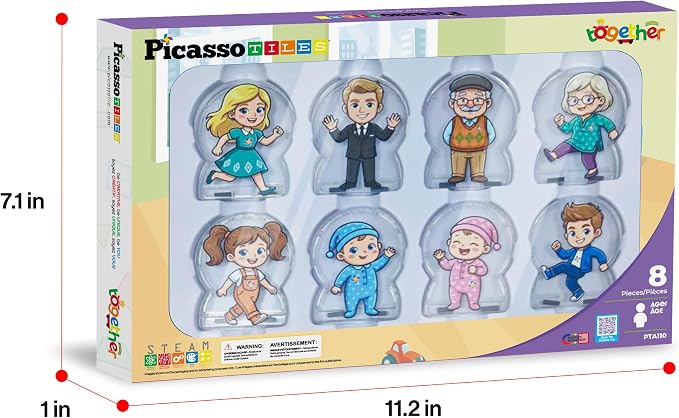 PicassoTiles 8pc Family Character Action Figures Accessory Add On Compatible with Magnet Tile Building Construction Sets STEM Pretend Play Educational Toys for Learning Preschool Kids Ages 3+ PTA110