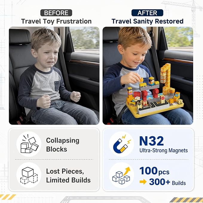 Magnetic Engineering Travel STEM：100PCS Blocks Kit for Boys Ages 3-8 | N32 Strong Magnets, 300+ Builds, 60+ Min Focus, 675g Ultra-Slim Tin, 1-Min Storage, ASTM Certified, Ideal for Travel