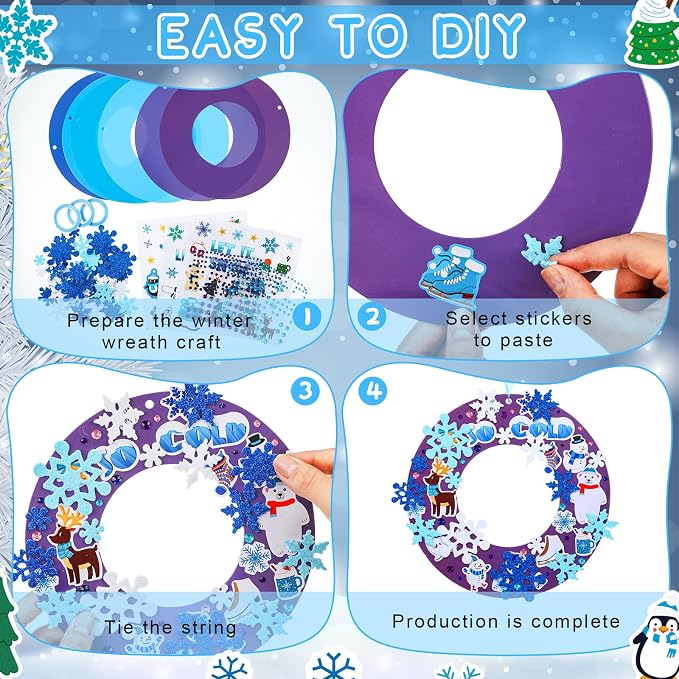 Hollowfly 48 Sets Winter Snowflake Wreath Craft Kits | Snowman, Penguin, Elk, Sweater and Snowflake Stickers, 7.09 in Paper Wreaths, for Winter and Christmas Group Activities