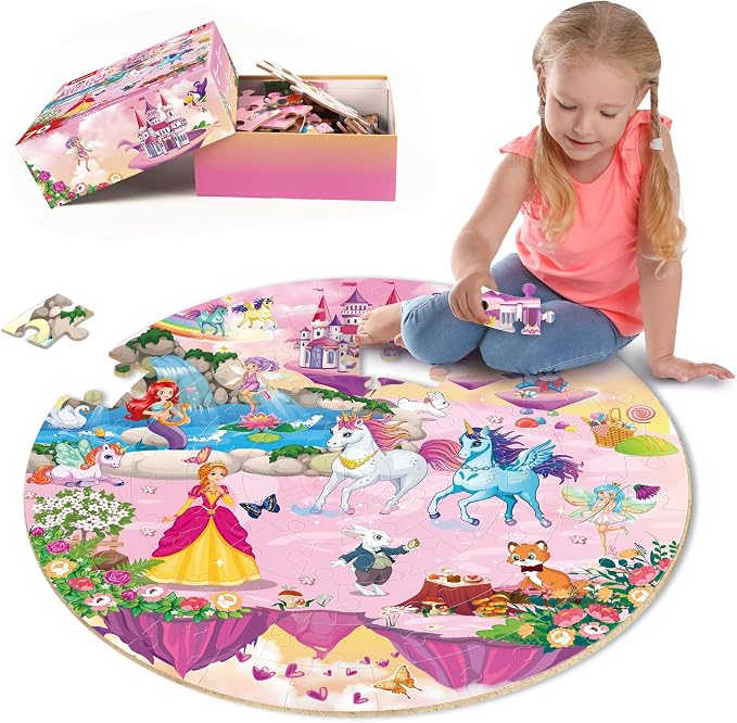 SYNARRY Unicorn Princess Mermaid Fairy Floor Puzzle for Kids Ages 3-5, Large 70 Piece Wooden Puzzle for Kids Ages 4-6, Preschool Toys Gifts for 3 4 5 6 7 8 Years Old Boys Girls Children | Large 70-Piece Puzzle for Kids Ages 4-6, Unicorn Princess Mermai...