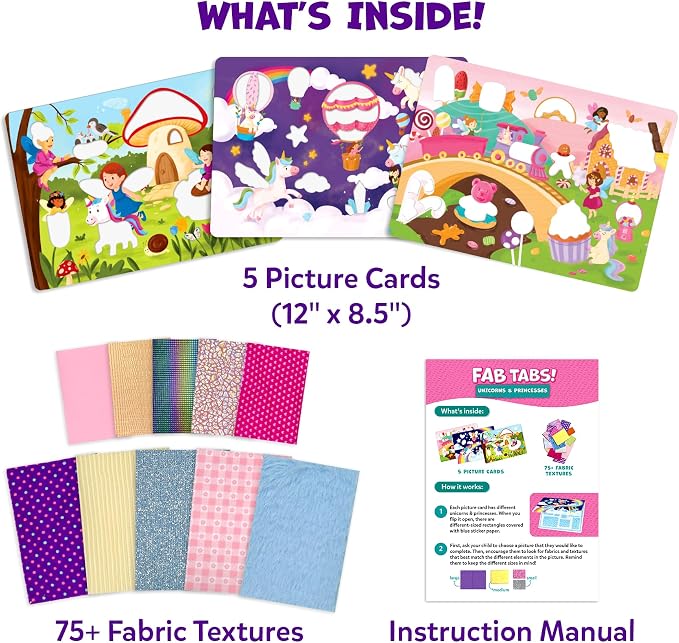 Skillmatics Fab Tabs – Unicorns & Princesses, Fabric Art, Sewing Craft Kit | Peel & Stick Sticker Activity, Mess-Free Play, Travel Toy, Gifts for Boys & Girls Ages 4, 5, 6, 7, 8, 9