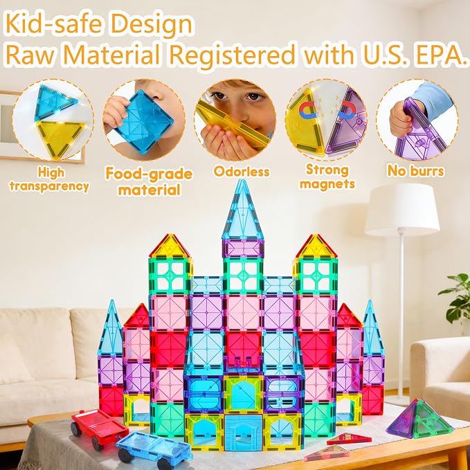 Antibacterial Magnetic Tiles - 106 PCS Magnet Building Tiles with 2 Cars for Kids Aged 3+, Inhibits Bacterial Growth for Safer Play, 3D STEM Educational Construction Blocks Toy