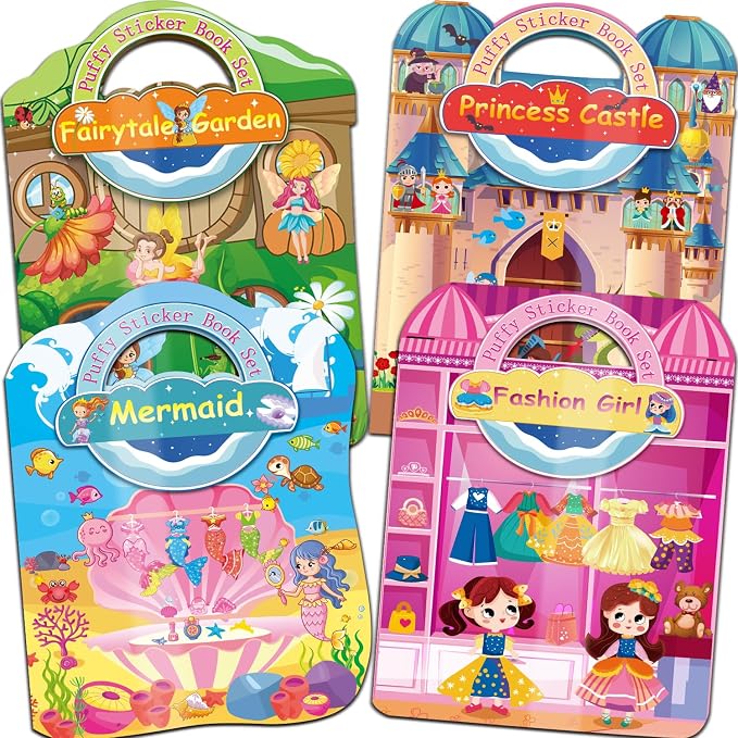 Kalysky Dress Up Sticker Books for Girls Ages 2-4 4-8, Reusable Puffy 3D Sticker Books for Toddlers 2-4 Years, Include Princess Mermaid Fairy and Fashion Girl,Activity Book for Toddlers 1-3