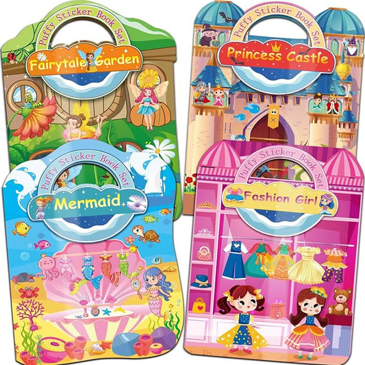 Kalysky Dress Up Sticker Books for Girls Ages 2-4 4-8, Reusable Puffy 3D Sticker Books for Toddlers 2-4 Years, Include Princess Mermaid Fairy and Fashion Girl,Activity Book for Toddlers 1-3