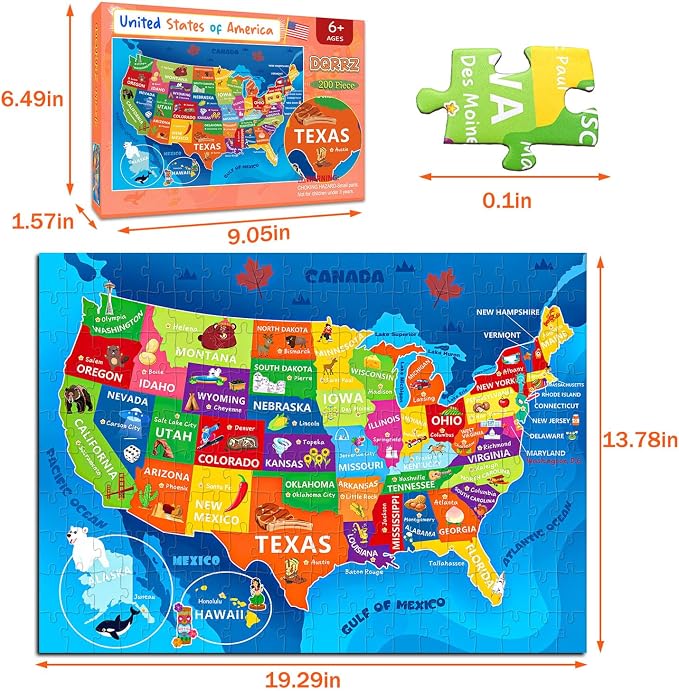 Puzzles for Kids Ages 6-8 8-10 - 200 Piece United States & USA Puzzle | Educational USA Learning Toys.Colorful Children Puzzles for 6 7 8 9 10 11 12 Years Old Boys and Girls.Holiday Gifts