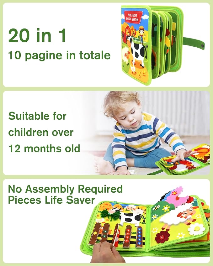 Busy Board for Toddlers 1-3 – Montessori Busy Toys for 1 2 3 Year Old Boys Girls, Preschool Educational Travel Quiet Activity Book with Life Skills, Sorting, Matching, and Cognitive Games