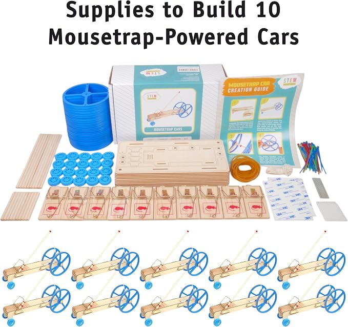 Mousetrap Car Kit, 10-Pack - Classroom Physics STEM Kits, Ages 8+ | Builds 10 mousetrap-powered cars, stored energy becomes motion, rebuild class after class