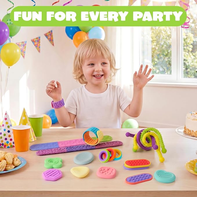 JOYIN 18 PCS Silicone Fidget Toys Set, Quiet Silicone Sensory Toys for Kids & Adults, Stress Relief Pack with Sensory Stones, Fidget Rings, Push Boards, Stretchy Strings & Textured Wristbands