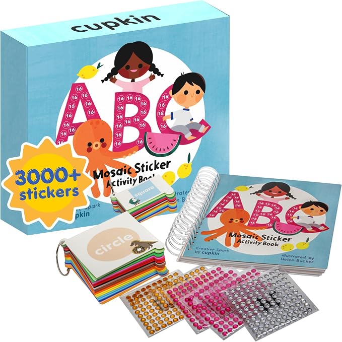 Cupkin Mosaic Sticker Art | ABC Activity Book, 52 Pages, 3000+ Stickers | Kids craft kit with number-guided letter designs, jewel and foam pieces, and a portable format for boys and girls on the go