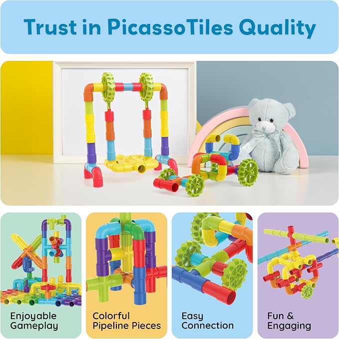 PicassoTiles 76PC STEM Pipe Building Interlocking Tube Construction Toy with Wheels and Storage Backpack Creative Educational Brain Development Learning Blocks for Kids Ages 3+ Boys and Girls PTT138