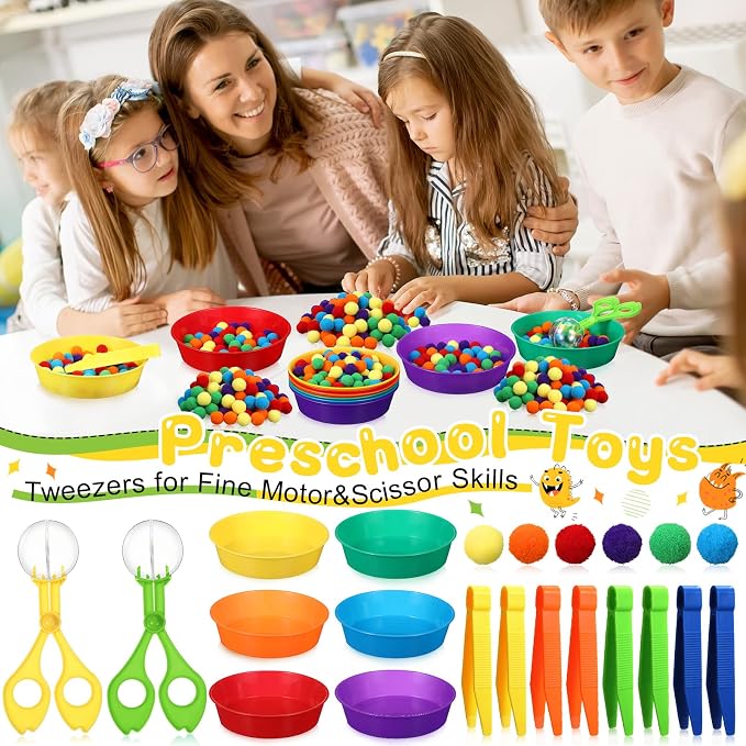 Zhanmai 142 Pcs Fine Motor Skills Toys Handy Scooper Set Sensory Bin Filler 12 Sorting Bowls 8 Tweezers 2 Scissors Clips 120 Plush Balls for Early Education and Sorting Counting Training Development