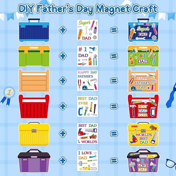 Haooryx Father's Day Magnet Craft Kit - 30 Sets Make Your Own Tool Box Sticker Decor Paper Craft for Classroom Home DIY Activity Refrigerator Bulletin Board Decor Happy Father's Day Party Supply Gift