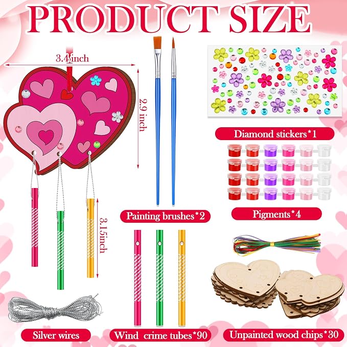 JellyArch 30 Pack Summer Wind Chime Craft Kit Heart Wood DIY Adults | Includes Paints Brushes Stickers for Ocean Activities, Kids Birthday Party Crafts, Make Your Own Heart Wooden Ornaments Decor