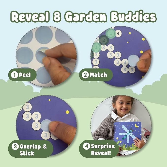 BINCA Dotties Dot Art Activity Kit, 1500+ Stickers, 8 Garden Animals Mess-Free Activities, DIY Dot Sticker Art, Kids Travel Activities, Gifts for Boys & Girls Ages 4,5,6,7