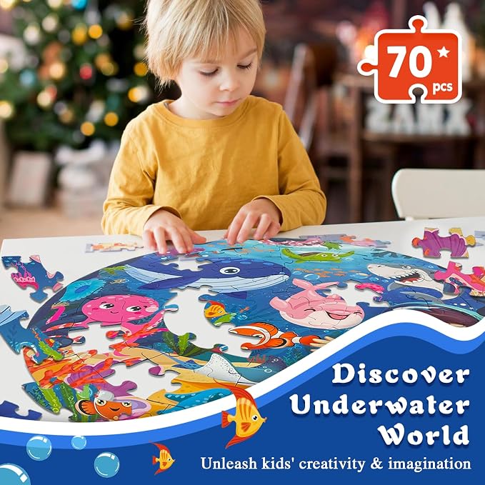 TALGIC Puzzles for Kids Ages 4-6 with Ocean & Underwater World, 70 Piece | Large Round Floor Puzzles, Colorful Underwater World, Educational Learning Toys for 3, 4, 5, 6, 7, 8, Gift for Boys Girls
