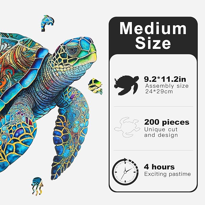 Mys Aurora Wooden Puzzles, Sea Turtle Jigsaw Puzzles 200 Pieces | FSC Certified 5MM Unique Shaped Wooden Puzzle for Adults and Kids, Birthday Gift Family Game 9.2 x 11.2 Inch