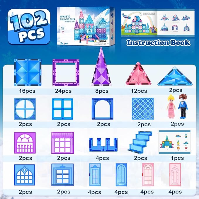 Magnetic Tiles 102pcs with 2 Stairs 2 Dolls Princess Castle Building Toys | Girls Toys Age 4-5 6-8 Magnetic Blocks Birthday Xmas Gifts Girls Toys for 3 4 5 6 7 8+ Year Old