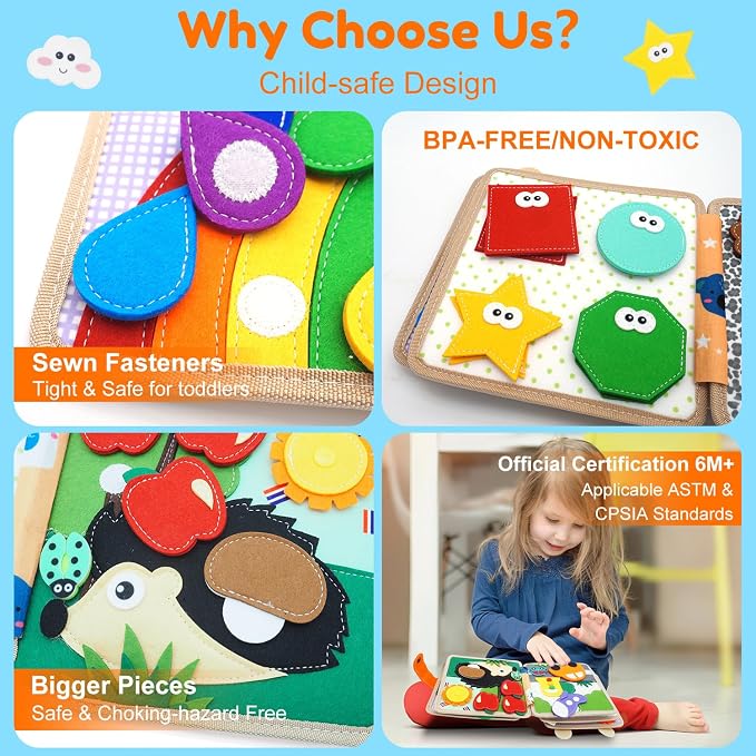 Busy Book for Toddlers 1-3, Felt Animals Busy Board for 1 Year Old | Montessori Toys, Peekaboo Quiet Book, Airplane Travel Toys, Educational Learning Activity, Birthday Gifts for Boys & Girls