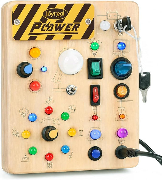 Joyreal Busy Board for Toddlers - Montessori Toys for 1 2 3 Year Old | Wooden Sensory Activity Board with 10 Switches & 19 Lights, Ideal Educational Travel Toy Gift for Boy & Girl Birthday