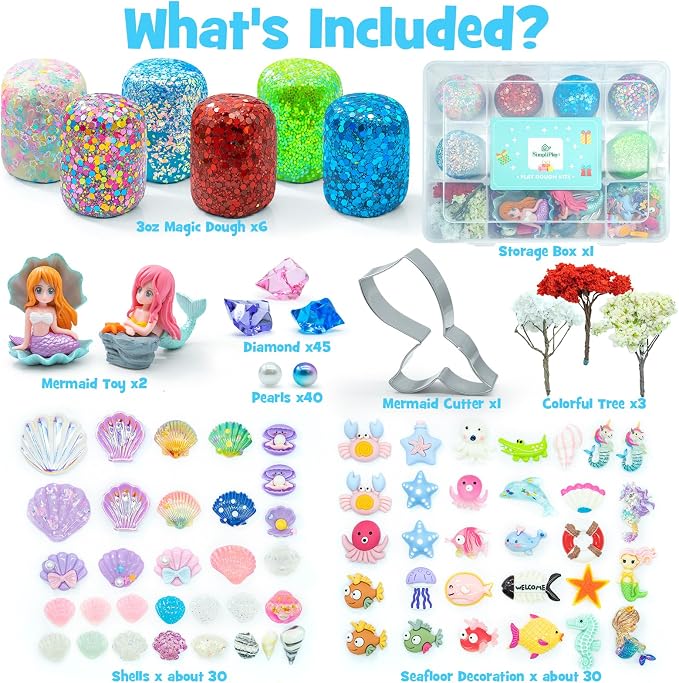 SIMPLIPLAY Mermaid Sensory Kit, 18oz 6 Pcs Glitter Doughs | Non-Toxic Play Dough Set with Accessories(150 Pcs+), Sensory Dough Kit for Kids 3 4 5 6 Year Old with Cutter, Mermaid Toys