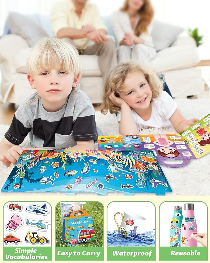 Walenced Reusable Sticker Book for Toddlers, Stickers for Kids, Toddler Toy | Toddler Craft Activities, Toddler Travel Toys, Boy Girl Birthday Gifts, Airplane Travel & Road Trip Essentials Kids