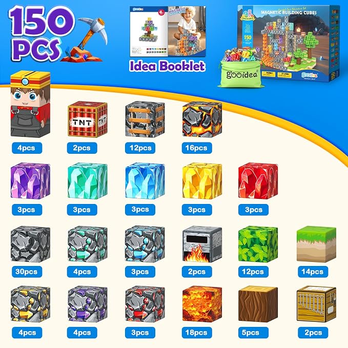 Magnetic Blocks for Kids, Creative Magnetic Cube Building Toy for Ages 3-12 | 150PCS Stacking Mine Magnet World Craft Blocks for Kids, Game-Inspired Birthday Gifts for Boys Girls Age 3-5 5-7 4-8 8-12