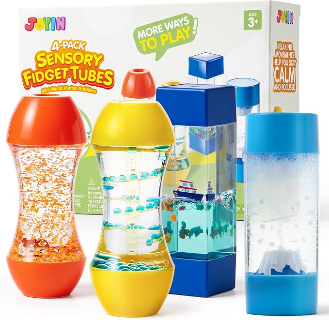 JOYIN 4-Pack Mini-World Fidget Tubes for Kids, Sensory Toys for Kids with Autism, Stress Relief Sensory Tubes, Preschool Toys for Kid, Toy for Autistic Kids 3-5, Birthday Gifts for Boys & Girls