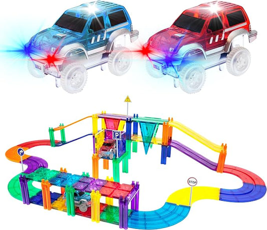 PicassoTiles 50 Piece Race Car Track, Magnetic Tiles STEM Set with LED Cars | 16 pillars, 4 ramps build multi-layer elevation, BPA-free non-toxic materials, sparks STEAM creativity, expands collection
