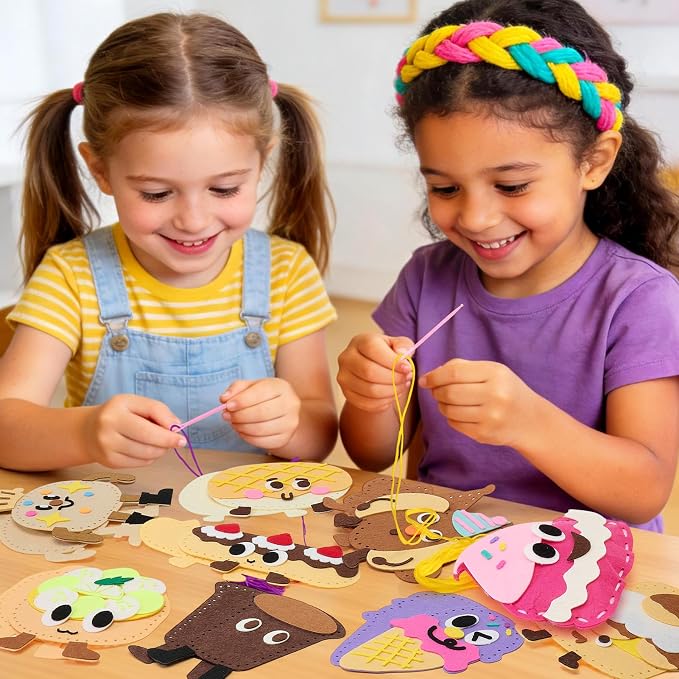 Toylink DIY Sewing Kit for Kids Ages 4-12, 12 Dessert Felt Craft Kit with Pre-Punched Holes, Blunt Plastic Needles, Cotton Stuffing - First Sewing Kit STEM Learning Toys for Girls Boys Birthday Gift