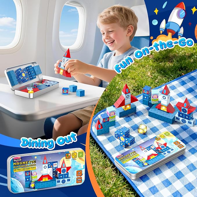 36 PCS STEM Learning Mini Magnetic Blocks Travel Set | With Portable Iron Storage Box&LED Light-Up Magnetic Cubes, Montessori Sensory Toys Gifts for Toddlers, Boys & Girls