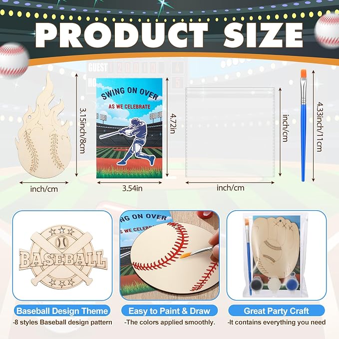 Saypacck 24 Pcs Baseball Party Favors Wooden Paint Craft Kits | Baseball Themed Craft Kit for Kids Birthday Party, Goodie Bags Fillers, Thank You Gifts, Paints Brushes Included