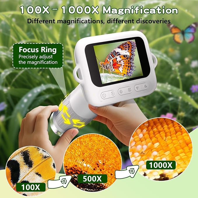 Odatay 1000X Digital Kids Microscope Kit with 12 Slides & 2" Screen, White | 1080P Imaging, Fit Ages 3-12, Standalone Pocket Science Edu Toys Gifts, Outdoor Backyard Bugs Exploring, Anti-drop Lanyard