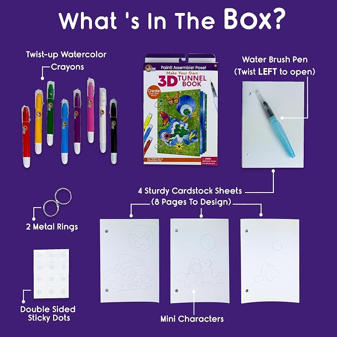 EyeConnect Crafts Butterfly Mini 3D Tunnel Book – Hands-on Paper Craft Kit | Build, color & create a pop-in book! Mini animals, watercolor pastels & water brush included. Portable, screen-free fun! 3+