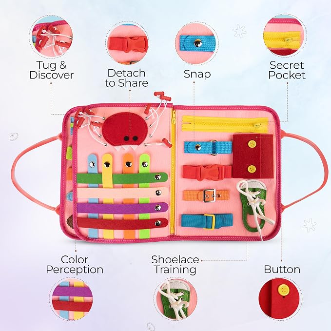 Montessori Busy Book for Toddlers, Pink Busy Board Book. Ages 3+ | Toddler Activity Books for Home, Airplane and Car Travel. Soft Felt No Loose Pieces. Toddler Busy Books With Detachable Pages