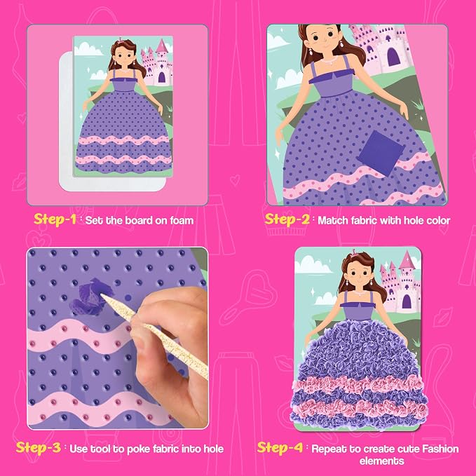 jackinthebox Poke Art Fashion Art Craft Kit for Girls, Kids, Toys, Ages 4-8 | 1400 fabric pieces, travel arts activities & birthday gifts, mess-free playdoh, age 5 6 7 8 9, 4-6 year old, flower pressing