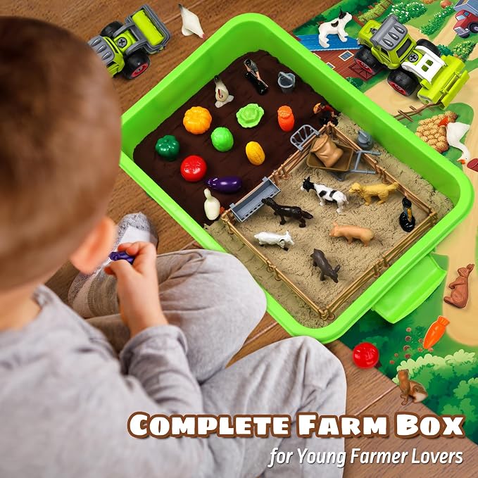 Aprilwolf 69 PCS Farm Sensory Bin Toys Playset, Sandboxes with Sand | Farmer Tractor & Farm Animals Figures Toys for Kids 3 4 5, Gifts for 6 7 8 Years Old Boys Girls