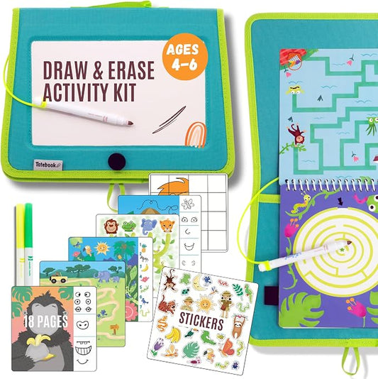 Totebook Kids Travel Activity Kit with Tethered Dry Erase Markers - Mess Free Car & Plane Activities for Toddlers Ages 4-6, Reusable Stickers, Mazes, Search and Find (Jungle Theme)
