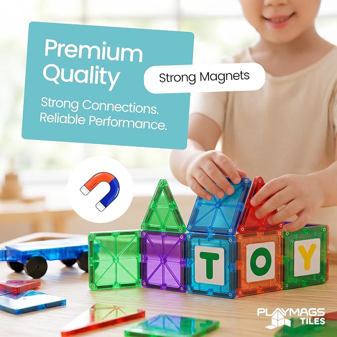 Playmags Magnetic Tiles for Kids 150-Piece Set, STEM Educational Building Blocks Toys for Kids, Includes Click-in ABC Learning Tiles, Gift for Boys & Girls, Add on Magnetic Figures, Car Set Available